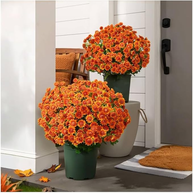 Artificial Mums for Outdoors, Faux Sunset Mum Flowers Planters for Indoor Outside Decor, Fake Look Real, Vibrant, UV Resistant, Waterproof, Windproof (Orange, 10 Bundle)