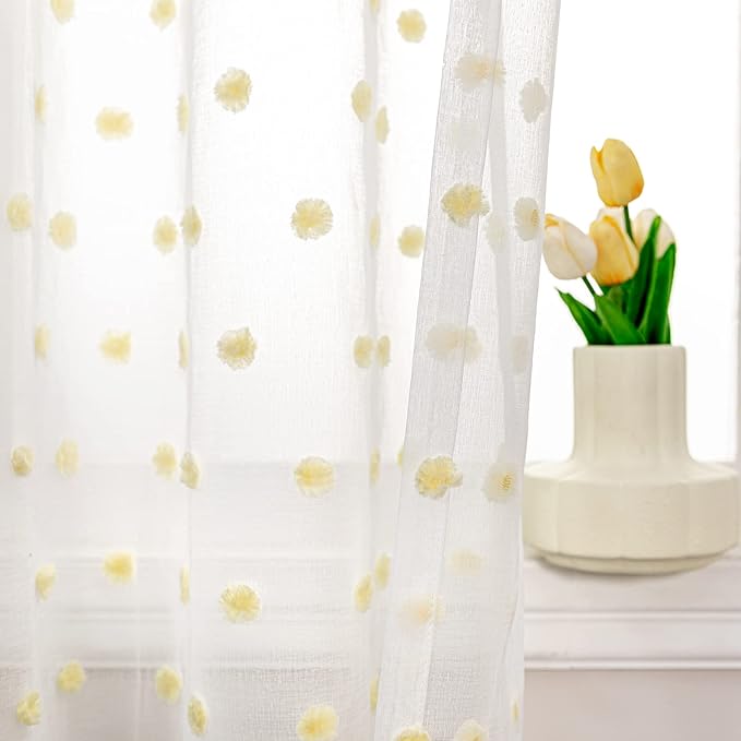 MYSKY HOME Pom Pom White Sheer Curtains for Girls Bedroom Mustard Yellow Curtains for Nursery 84 Inch Long Living Room Curtains 2 Panels Light Filtering Rod Pocket Window Drapes 52 x 84 inch