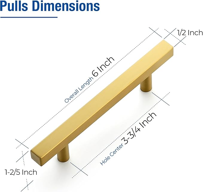 JOY DECOR 30 Pack 3-3/4 Inch Brushed Brass Square Cabinet Handles Stainless Steel Cabinet Hardware Pulls for Kitchen and Drawers with 6 Inch Overall Length