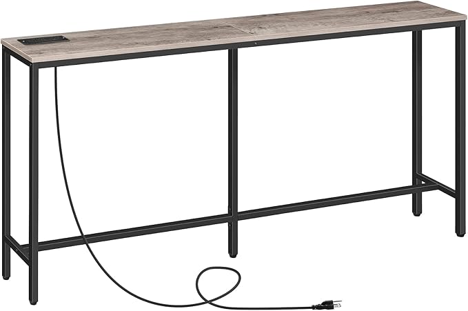 63" Console Table with Power Outlet, Narrow Sofa Industrial Entryway Behind Couch Table with USB Ports for Entryway, Hallway, Foyer, Living Room, Bedroom, Greige CTHG16E01Z1