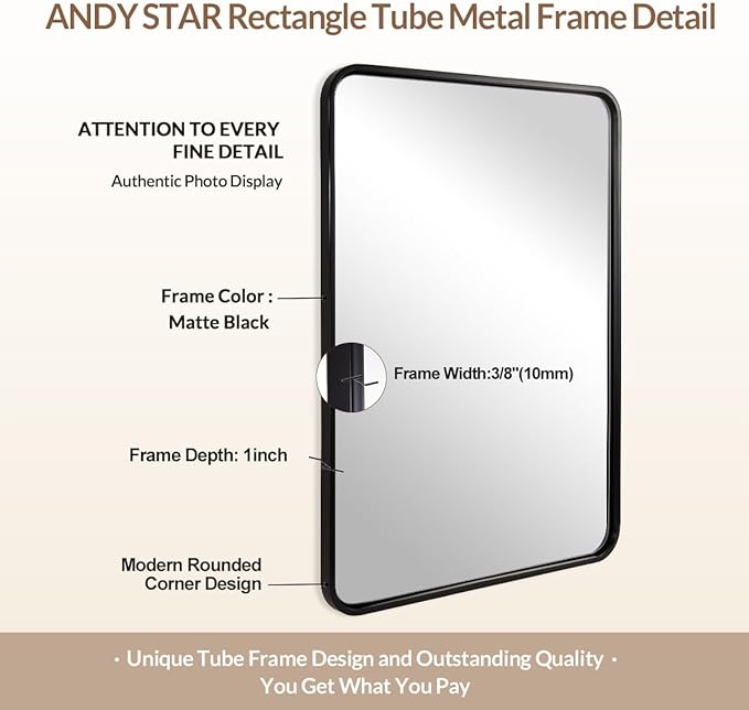 ANDY STAR Black Bathroom Mirrors for Wall, 22X30 Inch Rounded Rectangle Mirror, Matte Black Bathroom Vanity Mirror, Tube Metal Framed Wall-Mounted Mirror Horizontally or Vertically
