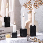 LETINE 12pcs Black Vertical Stripe Glass Candlestick Holders - Chic Taper Candle Sticks Holder Set for Elegant Dining & Home Decor - Ideal Candle Holders for Wall,Living Room,Bedroom, Kitchen Decor