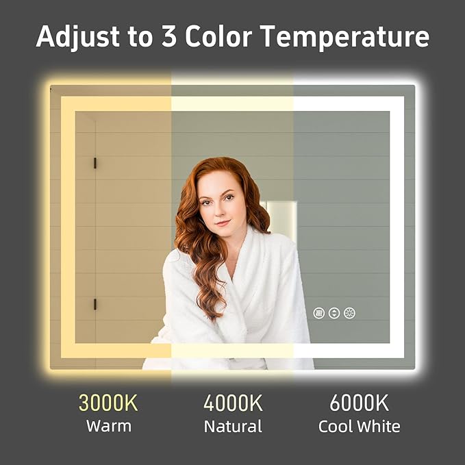 LED Bathroom Mirror 44"x 36", Double Lighting Sources Dimmable, Front and Backlit Bathroom Mirror with Lights, Anti-Fog Lighted Bathroom Vanity Mirror, Tempered Glass (Horizontal/Vertical)