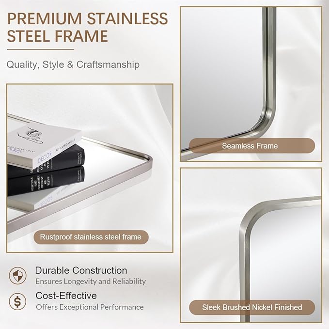 ANDY STAR 22x30'' Brushed Nickel Bathroom Mirror, Rounded Rectangle Brushed Silver Mirror for Bathroom Vanity SUS304 Metal Tube Framed(Rustproof) 1’’ Deep Wall Mounted Vertically/Horizontally