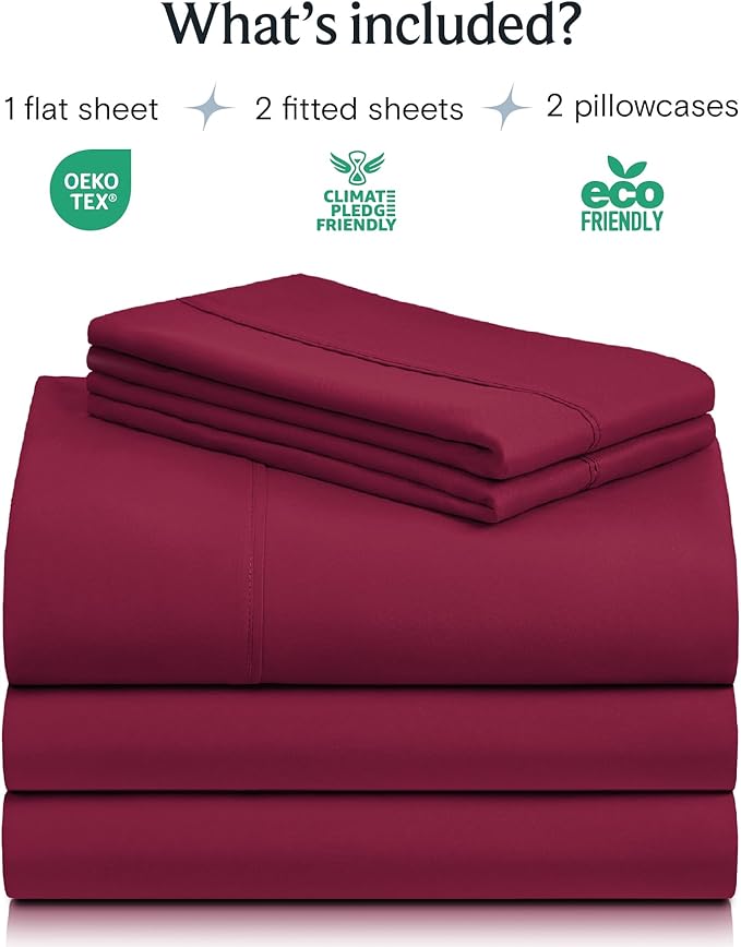 LuxClub 5 PC Split King Sheet Set, Breathable Luxury Bed Sheets, Deep Pockets Wrinkle Free Cooling Sheets Machine Washable Hotel Bedding Silky Soft - Burgundy Split King