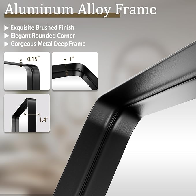 VooBang Bathroom Mirror 30x48 inch, Black Gorgeous Deep Frame Wall Mirror, Modern Round Corner Bathroom Vanity Mirror for Bedroom, Living Room, Hanging or Leaning Horizontal or Vertical, Black