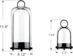 5" & 4" Wide Versatile Metal Candle Holder in Black with Handmade Thick, Heavy & Sturdy Glass Dome for Pillar Candle, Industrial, Modern, Shelf, Mantel, Veranda, Porch (2, Black, Large & Small)