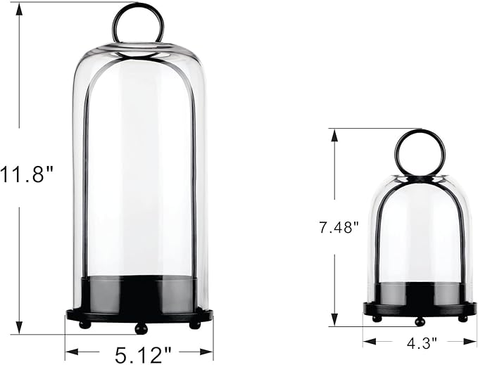 5" & 4" Wide Versatile Metal Candle Holder in Black with Handmade Thick, Heavy & Sturdy Glass Dome for Pillar Candle, Industrial, Modern, Shelf, Mantel, Veranda, Porch (2, Black, Large & Small)