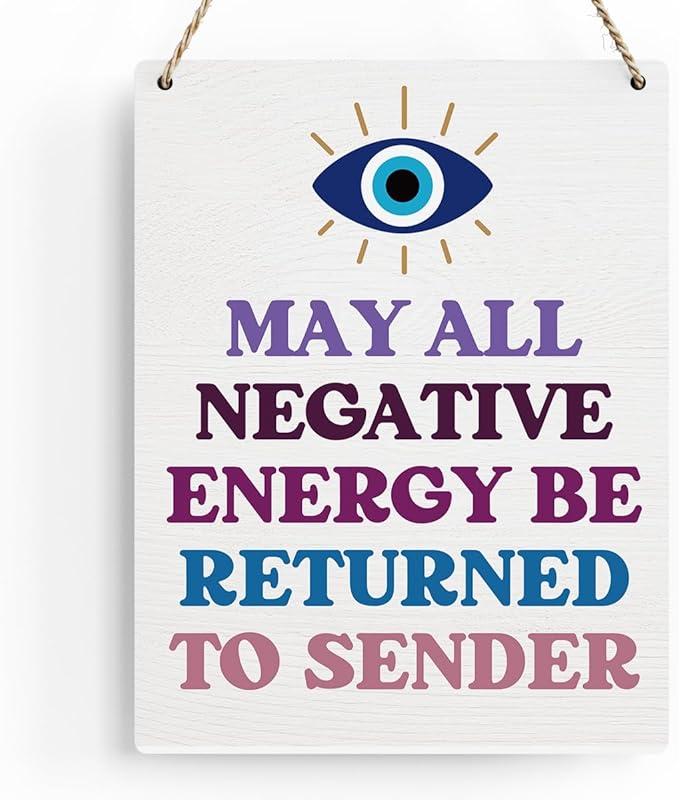 Evil Eye Decor Witchy Gifts for Witchcraft Lover, May All Negative Energy Be Returned to Sender Wall Hanging, Inspirational Wall Art for Home Office Decoration 8x10 Inches