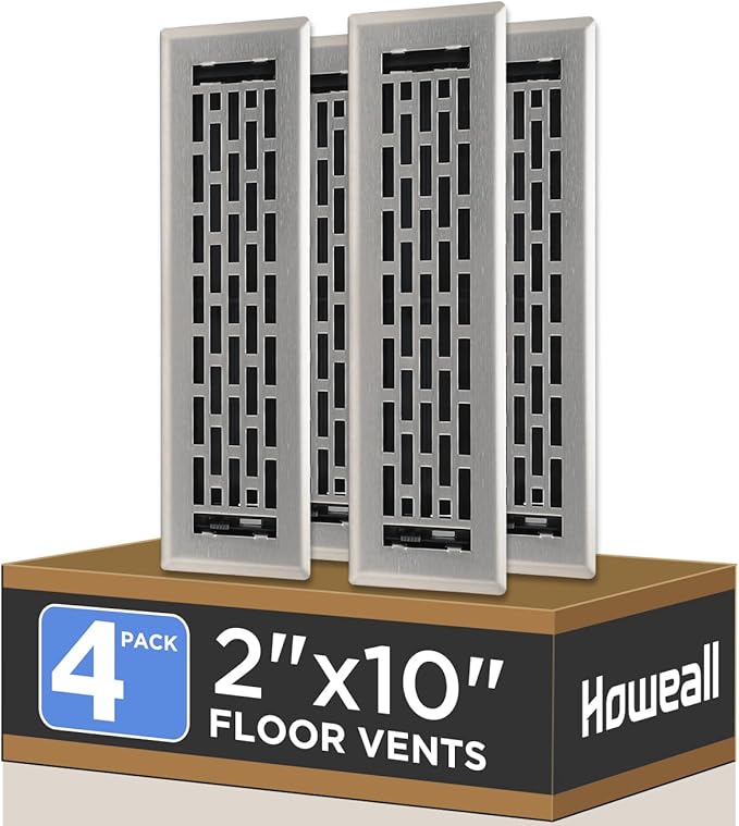 2x10 Inches 4 Pack Heavy Duty Walkable Floor Register - Easy Adjust Air Supply Lever Decorative Floor Vent Covers, Boston Design Vent Covers for Home - Satin Nickel