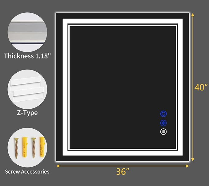 40"x36" LED Bathroom Mirror with Anti-Fog, Stepless Dimmable Lights, 3 Color Modes, Shatter-Proof Tempered Glass, Memory Function & Waterproof Design