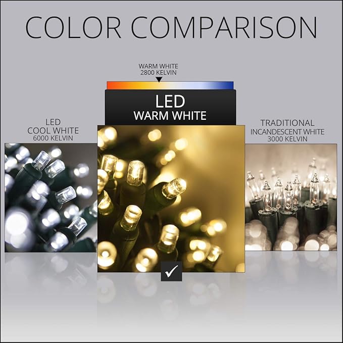 5mm LED Wide Angle Warm White Prelamped Light Set, Green Wire - 70 5mm Warm White LED Christmas Lights, 6" Spacing