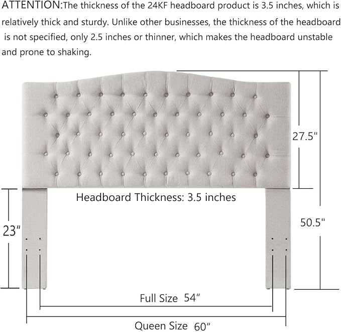 24KF Upholstered Tufted Button Linen Fabric Headboard,Comfortable Fashional Headboard Queen/Full Size,Ivory