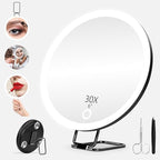 30x Magnifying Mirror with Light, Large 6" Rechargeable Lighted 30x Magnified Mirror with Suction Cups & Table Stand, 3 Color Modes Dimmable Light up Travel Magnifying Makeup Mirror High Magnification