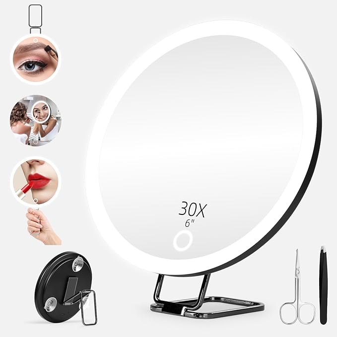 30x Magnifying Mirror with Light, Large 6" Rechargeable Lighted 30x Magnified Mirror with Suction Cups & Table Stand, 3 Color Modes Dimmable Light up Travel Magnifying Makeup Mirror High Magnification