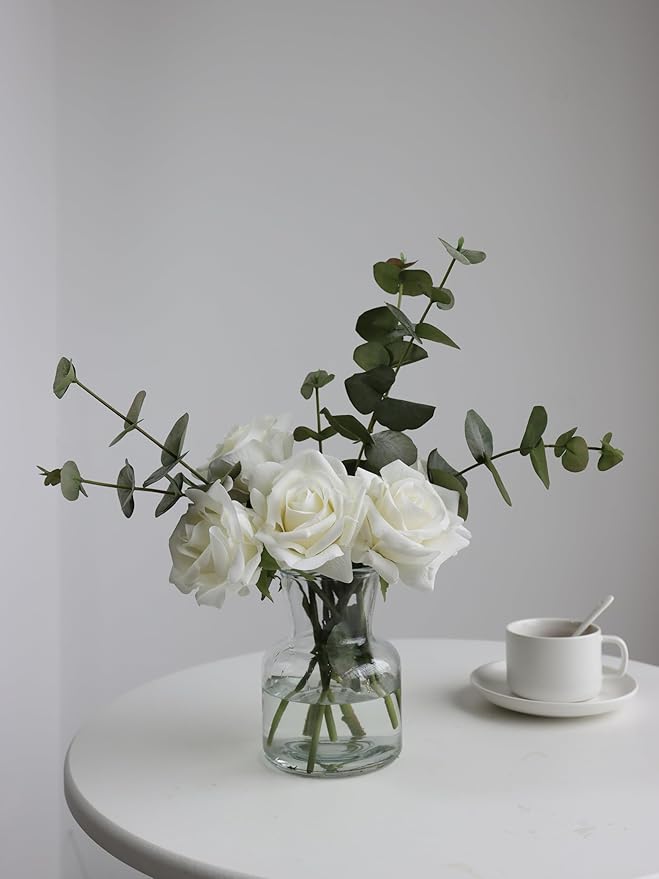 Artificial Flowers with White Roses in Vase, Fake Flowers Bouquet with Vase, Silk Flower Arrangements with Artificial Flowers for Home Dining Table Decor(No Fake Water).