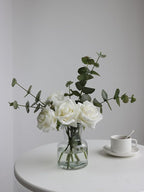 Artificial Flowers with White Roses in Vase, Fake Flowers Bouquet with Vase, Silk Flower Arrangements with Artificial Flowers for Home Dining Table Decor(No Fake Water).