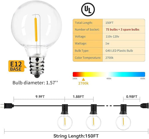 150ft Outdoor String Lights Waterproof/Connectable/Dimmable LED Shatterproof Bulbs,UL Listed Globe G40 String Lights Outside Lighting for Patio Backyard Cafe Party Wedding Garden
