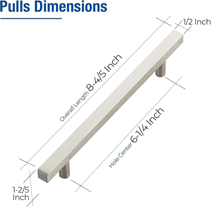 JOY DECOR 30 Pack 6-1/4 Inch Brushed Nickel Square Cabinet Handles Stainless Steel Cabinet Hardware Pulls for Kitchen and Drawers with 8-13/16 Inch Overall Length