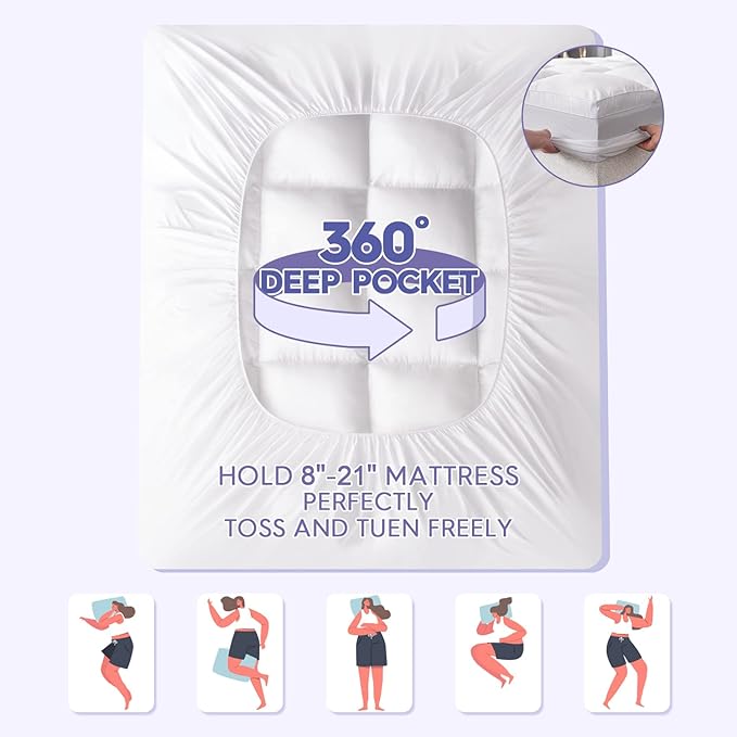 ABENE Full Size Mattress Topper for Back Pain Relief, Extra Thick Mattress Pad Pillowtop, Soft Plush Mattress Cover Bed Topper with Deep Pocket, Overfilled Down Alternative Filling, White