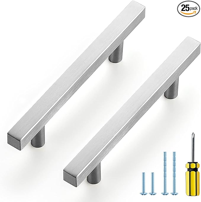 Ravinte Brushed Nickel Cabinet Handles 25 Pack 3-3/4 inch Satin Nickel Square Cabinet Pulls Silver Hardware for Kitchen Cabinets 6 inch Overall Length Stainless Steel Drawer Pulls
