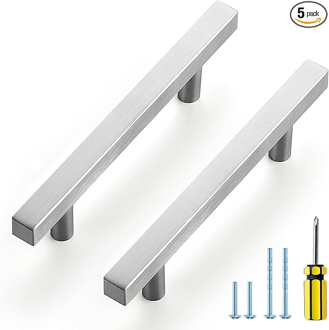 Ravinte Brushed Nickel Cabinet Handles 5 Pack 3-3/4 inch Satin Nickel Square Cabinet Pulls Silver Hardware for Kitchen Cabinets 6 inch Overall Length Stainless Steel Drawer Pulls