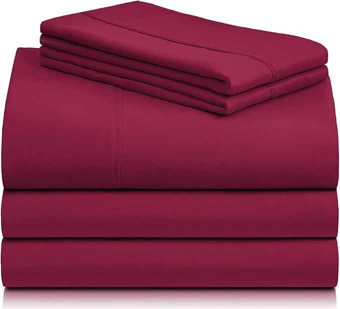 LuxClub 5 PC Split King Sheet Set, Breathable Luxury Bed Sheets, Deep Pockets Wrinkle Free Cooling Sheets Machine Washable Hotel Bedding Silky Soft - Burgundy Split King