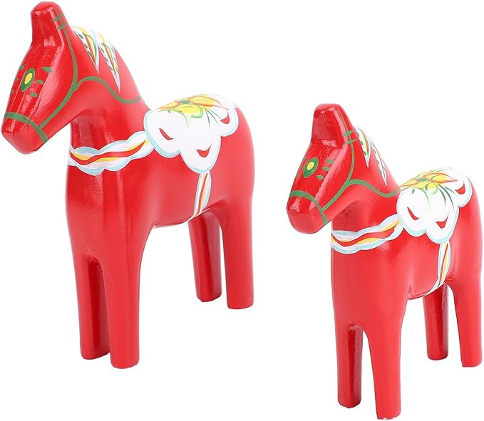 EVGATSAUTO Swedish Wooden Horse Figurine Pair, Hand Painted Nordic Decor, Traditional Red Dala Horse for Home Wedding Gift, Composite Wood Ornament