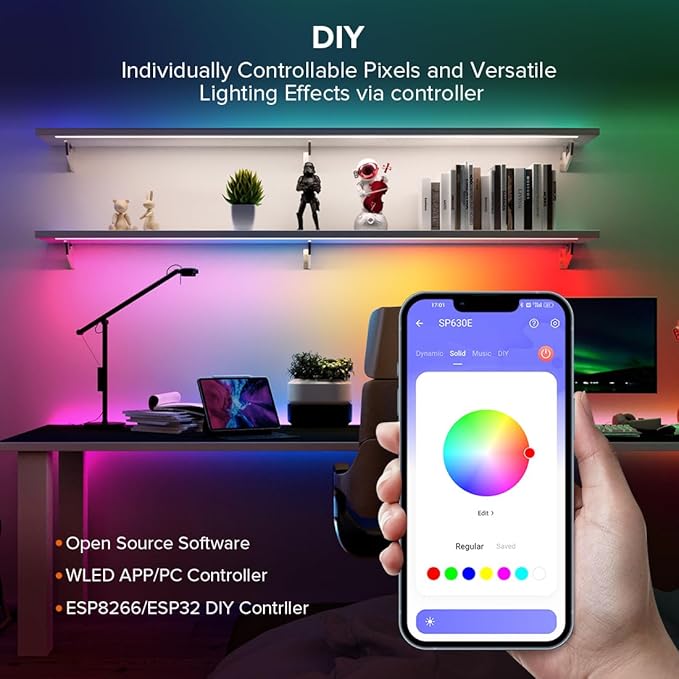 SEZO WS2812B LED Strip Light 3.3FT 60Pixel/M 60LEDs DC5V Individual Addressable LED Strip SMD5050 RGB Dream Color Programmable LED Light Strip Flexible IP30 Non-Waterproof White PCB