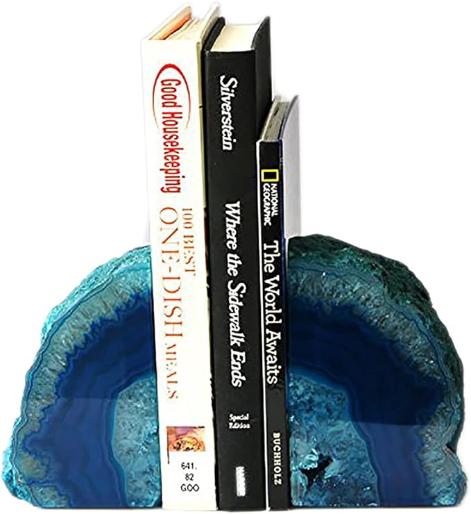 AMOYSTONE Bookends Agate Decorative Book Ends for Shelves Heavy Duty Crystal Stone Bookends Dyed Teal with Rubber Bumpers 1 Pair, 3-4 LBS