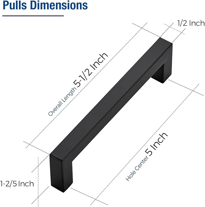 JOY DECOR 4 Pack Cabinet Handles, Black Cabinet Pulls, 5 Inch Kitchen Closet Handles Square Drawer Pulls Stainless Steel Drawer Hardware, 128mm Hole Centers