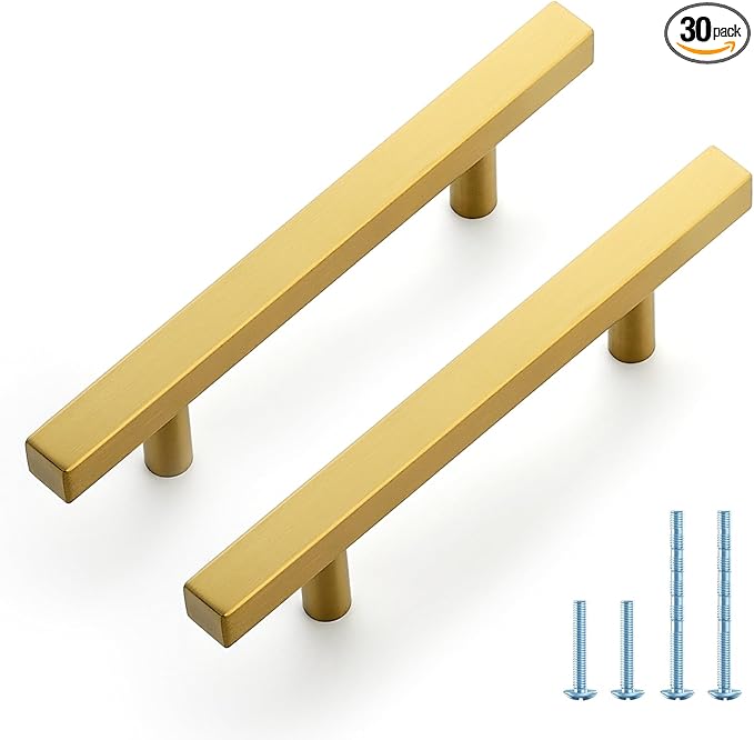 JOY DECOR 30 Pack 3-1/2 Inch Brushed Brass Square Cabinet Handles Stainless Steel Cabinet Hardware Pulls for Kitchen and Drawers with 6 Inch Overall Length
