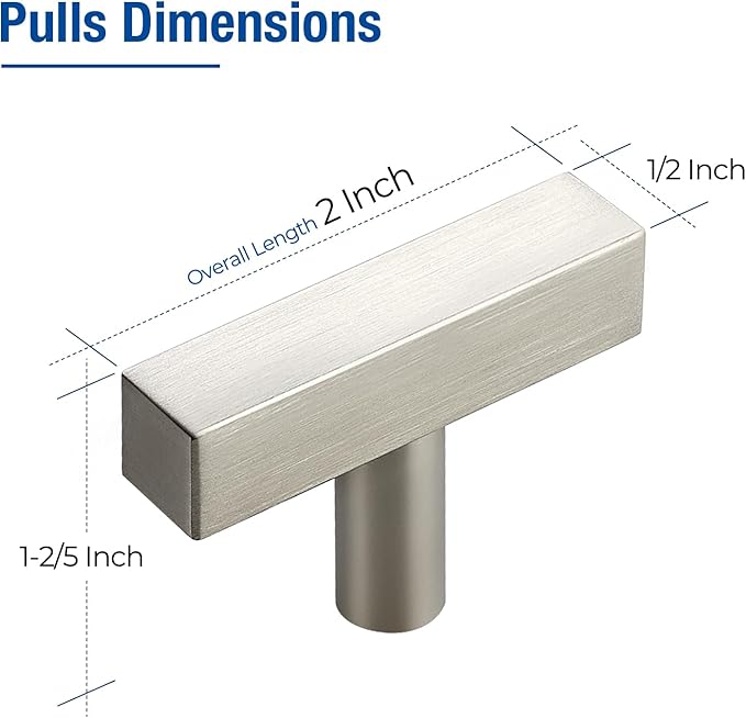 JOY DECOR 10 Pack Single Hole Brushed Nickel Square Cabinet Handles Stainless Steel Cabinet Hardware Pulls for Kitchen and Drawers with 2 Inch Overall Length