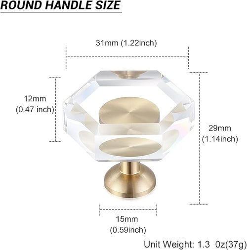 2-Pack Brass Base Crystal Drawer Knobs,Glass Crystal Gold Cabinet Knobs,1-5/16-Inch Hexagon,Kitchen Hardware Pulls, Modern Bathroom Hardware knob