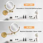 8" Wall Mounted Lighted Makeup Mirror with Magnification Rechargeable, 1X/10X Double Sided, 3 Color Lighting Touch Dimmable 360 Swivel Extendable Arm Vanity Shaving Mirror, Brushed Moderne Brass