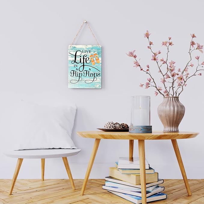Rustic Live Life in Flip Flops Wood Hanging Sign, Farmhouse Quality Artwork Decor, Summer Wooden Plaque Sign Wall Art, Home Beach House Pool Decoration (8 x 10 Inches) (JTMP080)