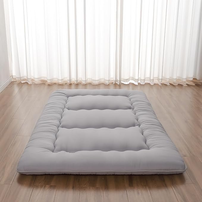 Japanese Floor Mattress, Futon Mattress with Storage Bag and Washable Cover, Roll Up Tatami Mat Suitable for Guest Room, Grey, Queen