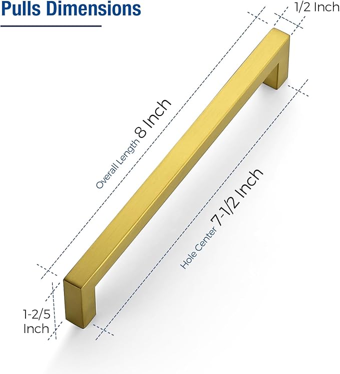 JOY DECOR 4 Pack Cabinet Handles, Gold Cabinet Pulls, 7-1/2 Inch Kitchen Closet Handles Square Drawer Pulls Stainless Steel Drawer Hardware, 192mm Hole Centers