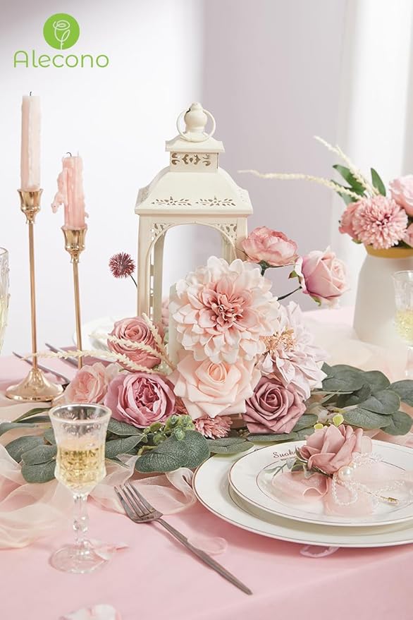 Alecono Artificial Flowers, Dusty Pink Silk Fake Flowers for DIY Wedding Bridal Bouquets, Wedding Cake Flowers for Table Centerpieces Baby Shower Birthday Party Home Decorations