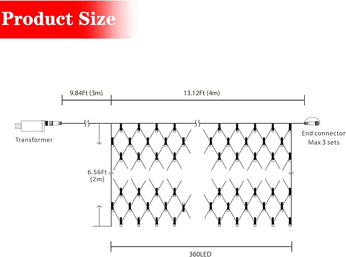 AWQ 360 LED 13.1ft x 6.6ft String Lights Net Mesh Lights Christmas Net Lights 8 Modes for Christmas Wedding Party Home Garden Lawn Bushes Bedroom Indoor Outdoor Decor (White)