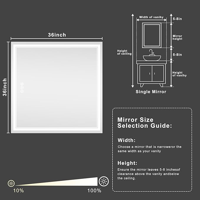 36''x36'' Lighted Mirrors for Bathroom Wall Backlit + Front Lit, Rectangular LED Bathroom Mirror Frameless with Lights Anti Fog, Dimmable, 3 Colors,Tempered Glass, Shatter-Proof