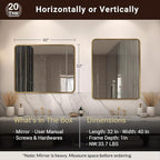 ANDY STAR 40x32 Inch Gold Bathroom Mirror, Brushed Gold Mirrors for Wall in Anti-Rust SUS304 Tube Metal Frame, Rounded Rectangle Mirrors 1’’ Deep Wall Mounted Vertically/Horizontal for Bathroom