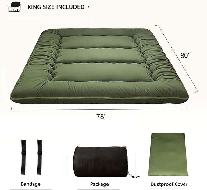 MAXYOYO Japanese Floor Mattress Futon Mattress, Thicken Tatami Mat Shiki Futon Sleeping Pad Foldable Roll Up Mattress Guest Mattress Pad Floor Lounger Bed, Green, King