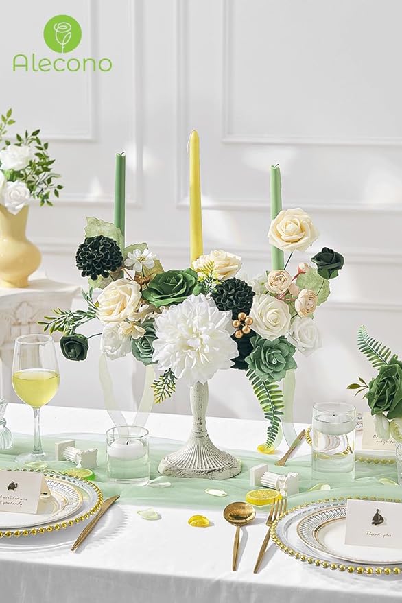 Alecono Artificial Flowers, Silk Fake Green Flowers Combo Box for DIY Cake Wedding Decorations, Faux Flowers for Table Centerpieces Baby Shower Party Home Decor