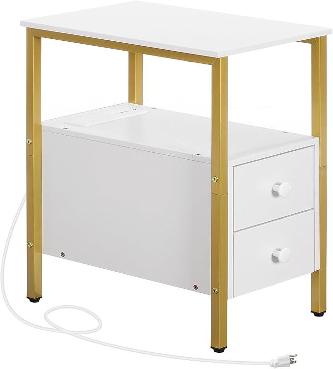 HOOBRO End Table with Charging Station, Narrow Side Table with 2 Drawer & USB Port & Power Outlets, Nightstand for Small Spaces, Stable and Sturdy, for Living Room, Bedroom, Gold and White DW541BZ01