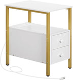 HOOBRO End Table with Charging Station, Narrow Side Table with 2 Drawer & USB Port & Power Outlets, Nightstand for Small Spaces, Stable and Sturdy, for Living Room, Bedroom, Gold and White DW541BZ01