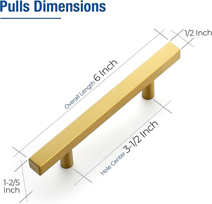 JOY DECOR 30 Pack 3-1/2 Inch Brushed Brass Square Cabinet Handles Stainless Steel Cabinet Hardware Pulls for Kitchen and Drawers with 6 Inch Overall Length