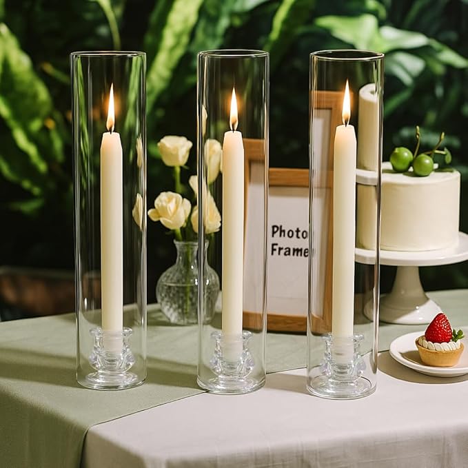 Hurricane Glass Candle Holders, Set of 20 Candlestick Holders for Taper Candles with 11.8" Tall Windproof Cylinder Cover Candle Stand Bulk for Table Centerpieces on Wedding Birthday Housewarming Decor