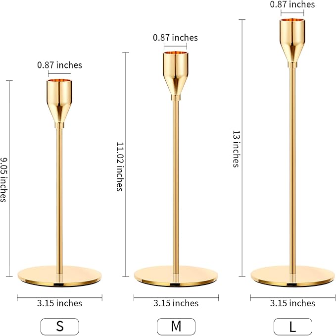 Gold Candle Holders Gold Taper Candle Holder Metal Candle Holder for Wedding, Dinning, Party, Fits 3/4 inch Thick Candle&Led Candles (Set of 3 Pcs)