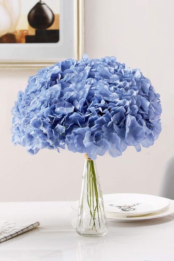 AVIVIHO Dusty Blue Silk Flowers Heads Artificial Hydrangea Pack of 10 Fake Full Hydrangea Flowers with Stems for Wedding Home Party Shop Baby Shower Decoration